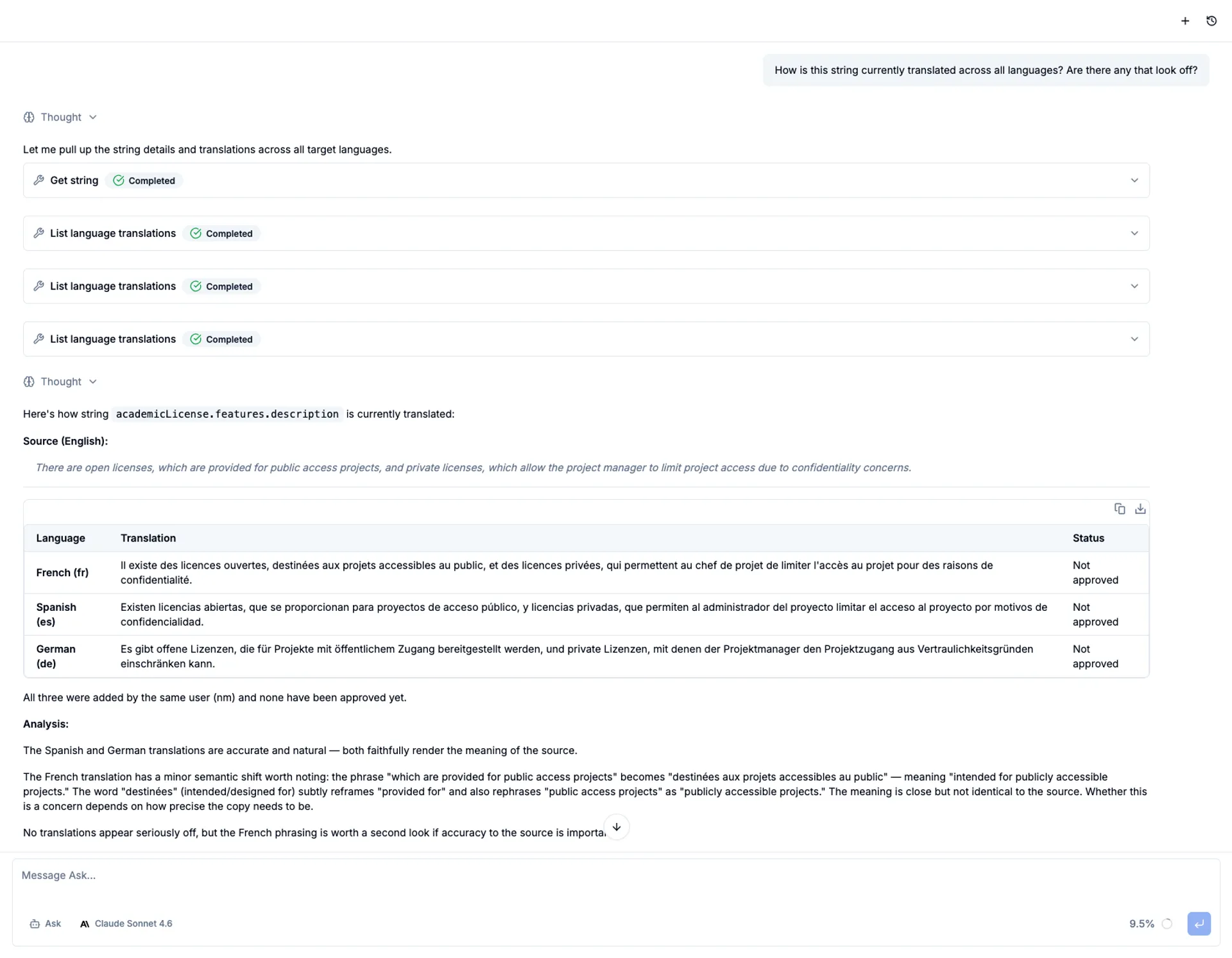 Ask agent showing translations of the active string across French, Spanish, and German with quality analysis