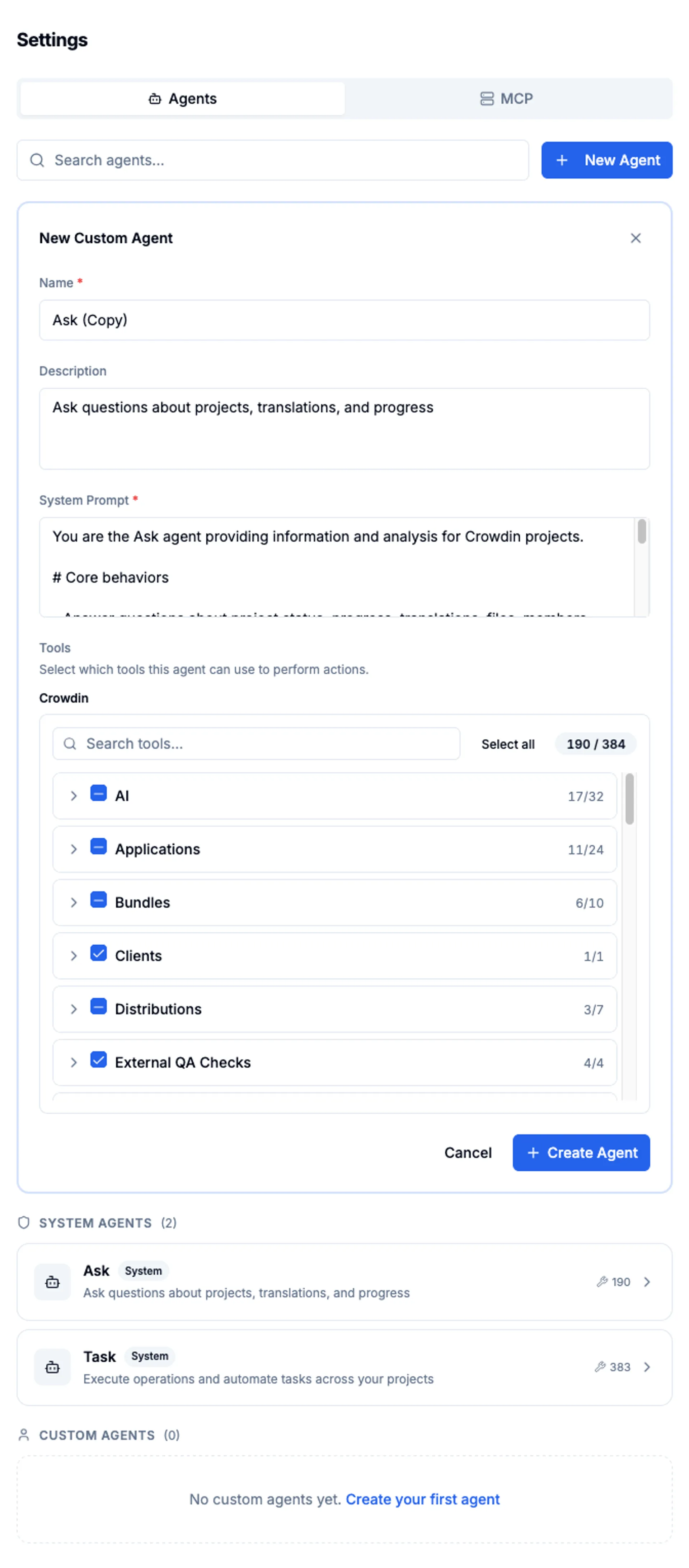 Settings — New Custom Agent form with Crowdin tool picker expanded by category
