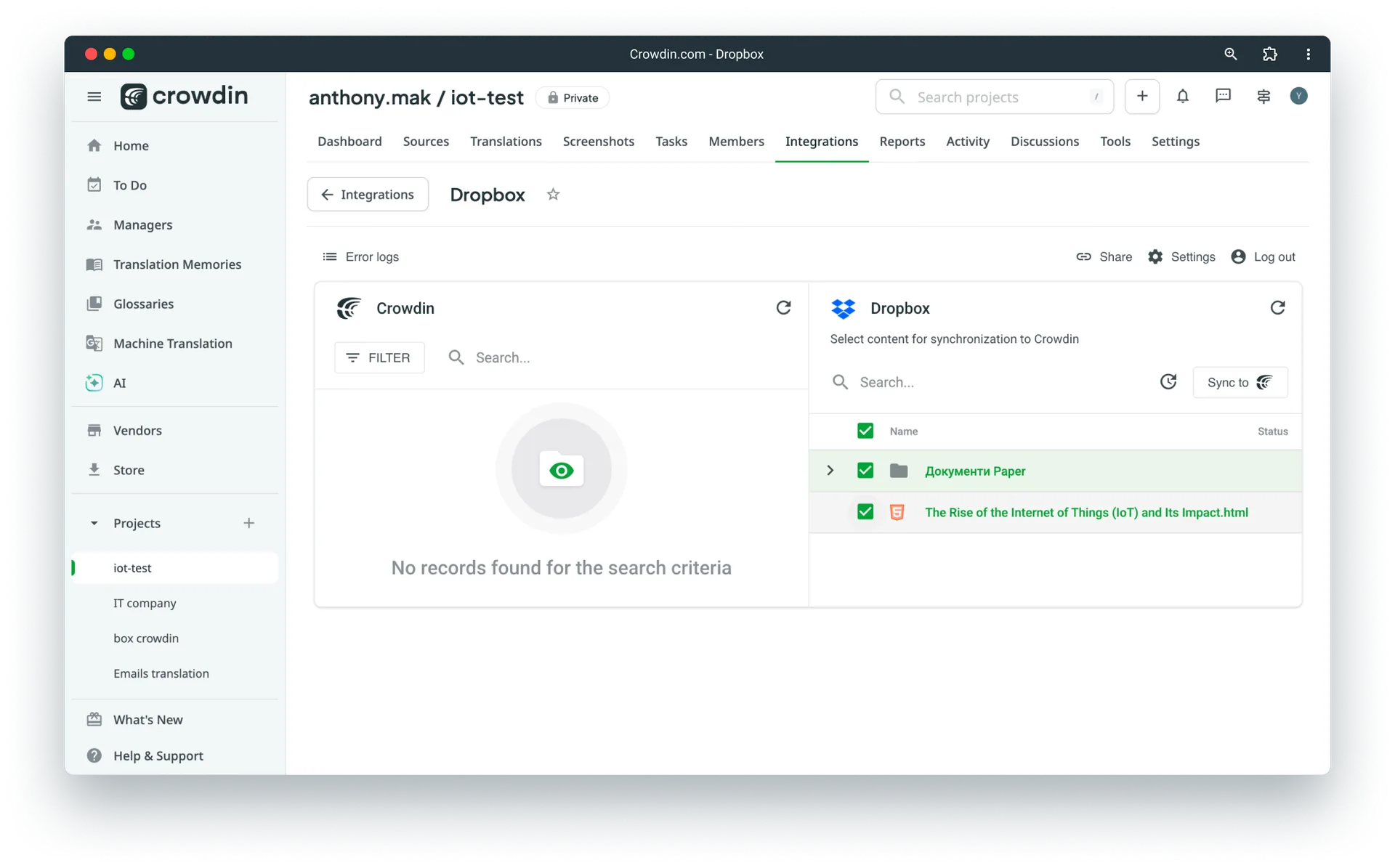 Sync Dropbox files to Crowdin