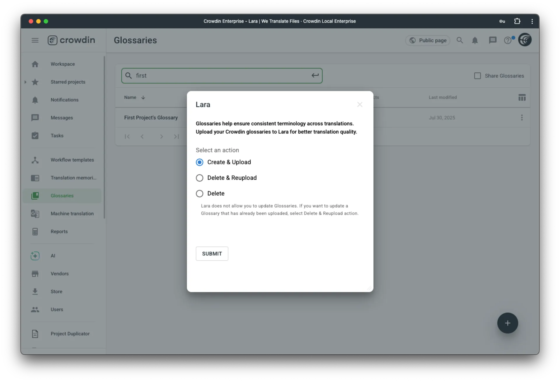 Uploading Glossary to Lara