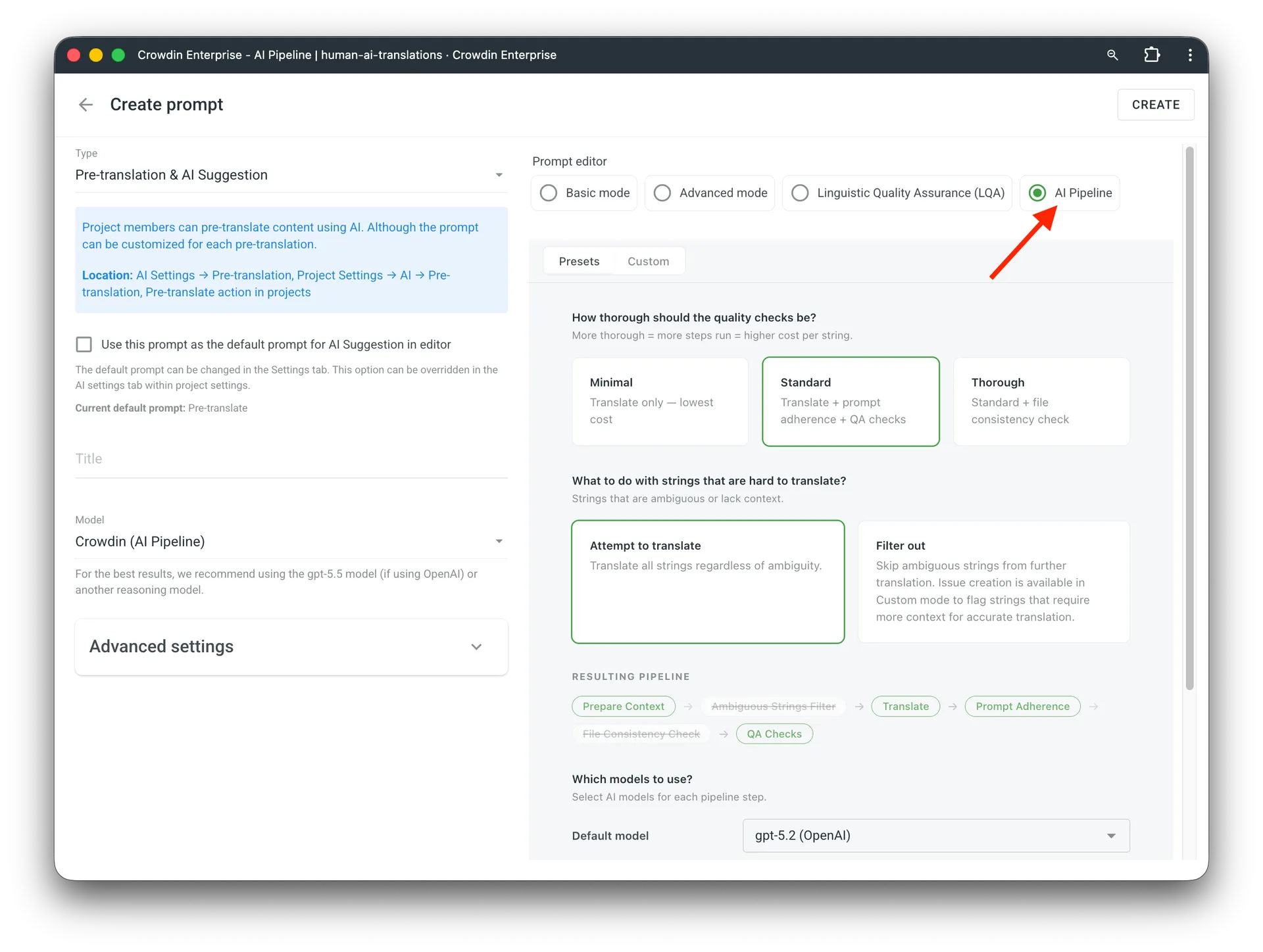 Creating Crowdin AI pipeline prompt