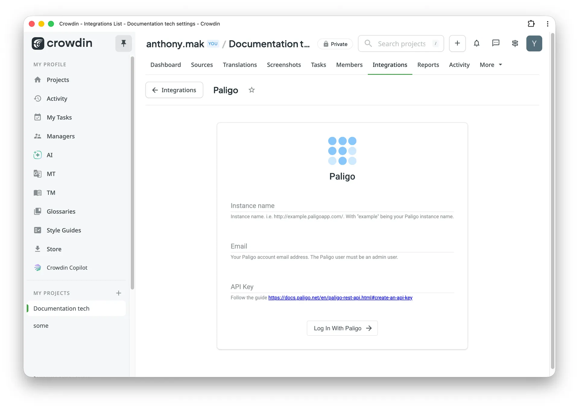 Paligo configuration in Crowdin