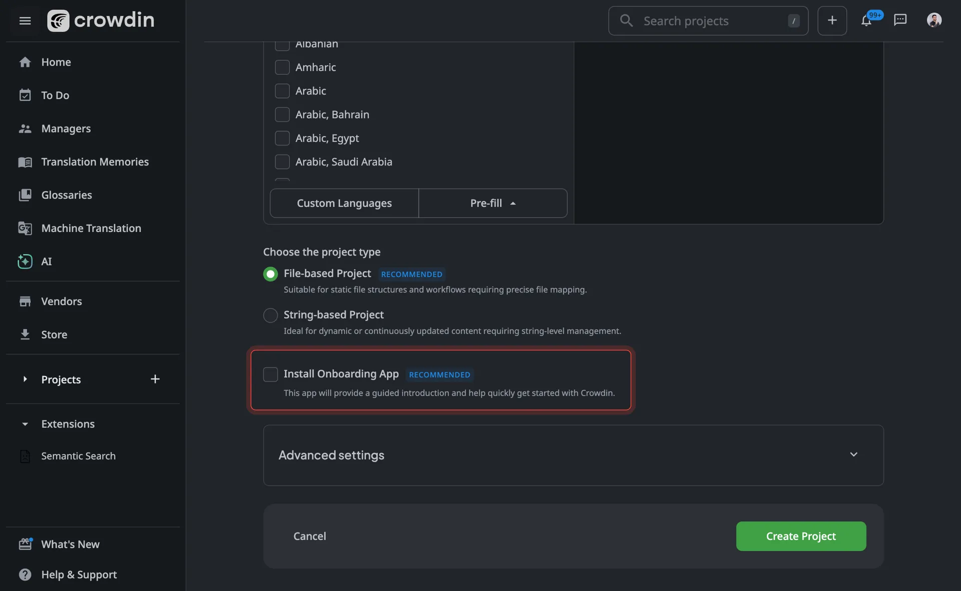 Install Onboarding app while creating a new project