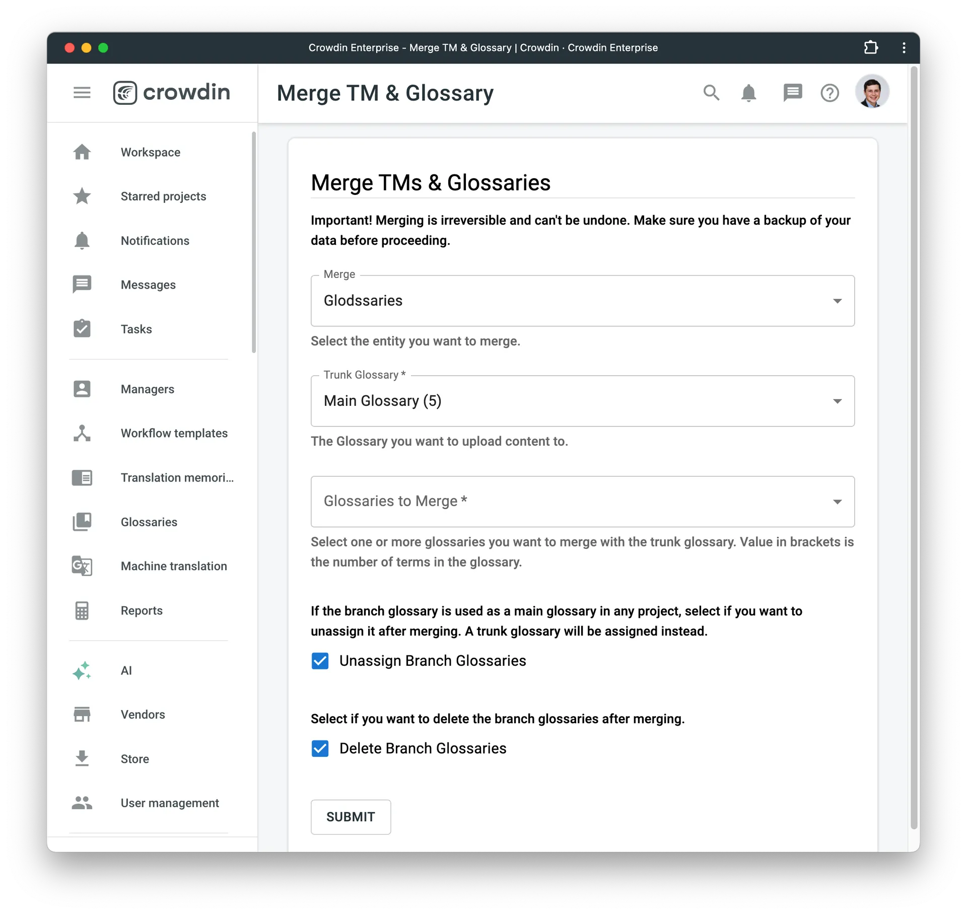 Merge TM or glossary in Crowdin