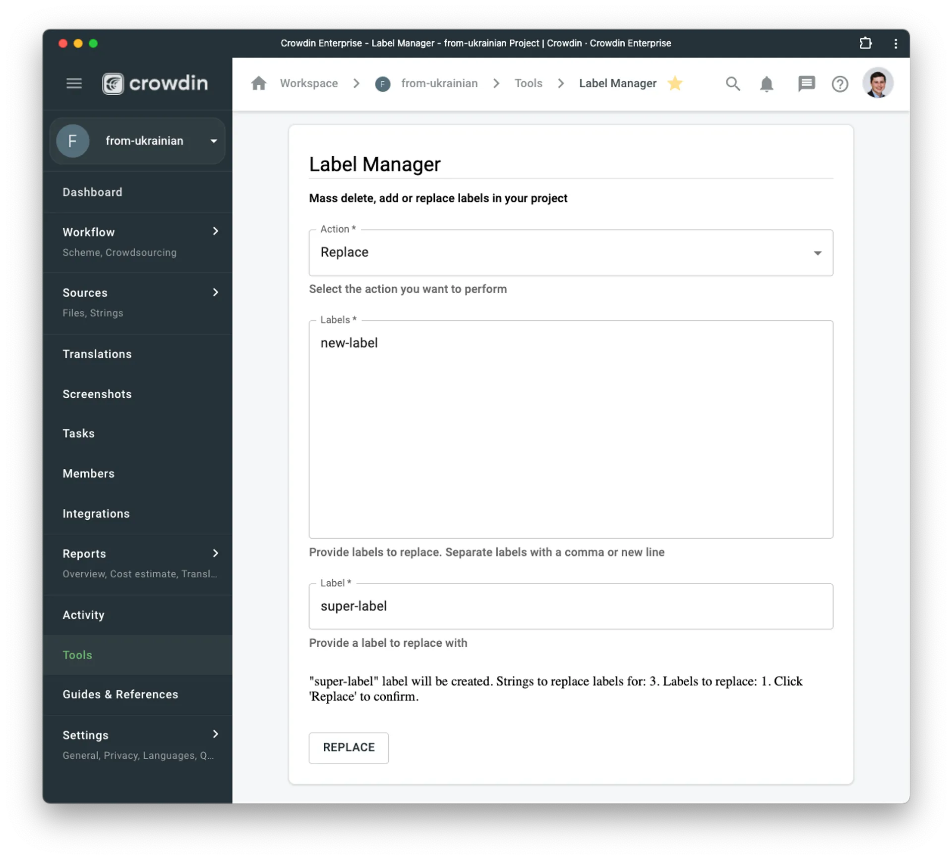 Mass actions on labels in Crowdin