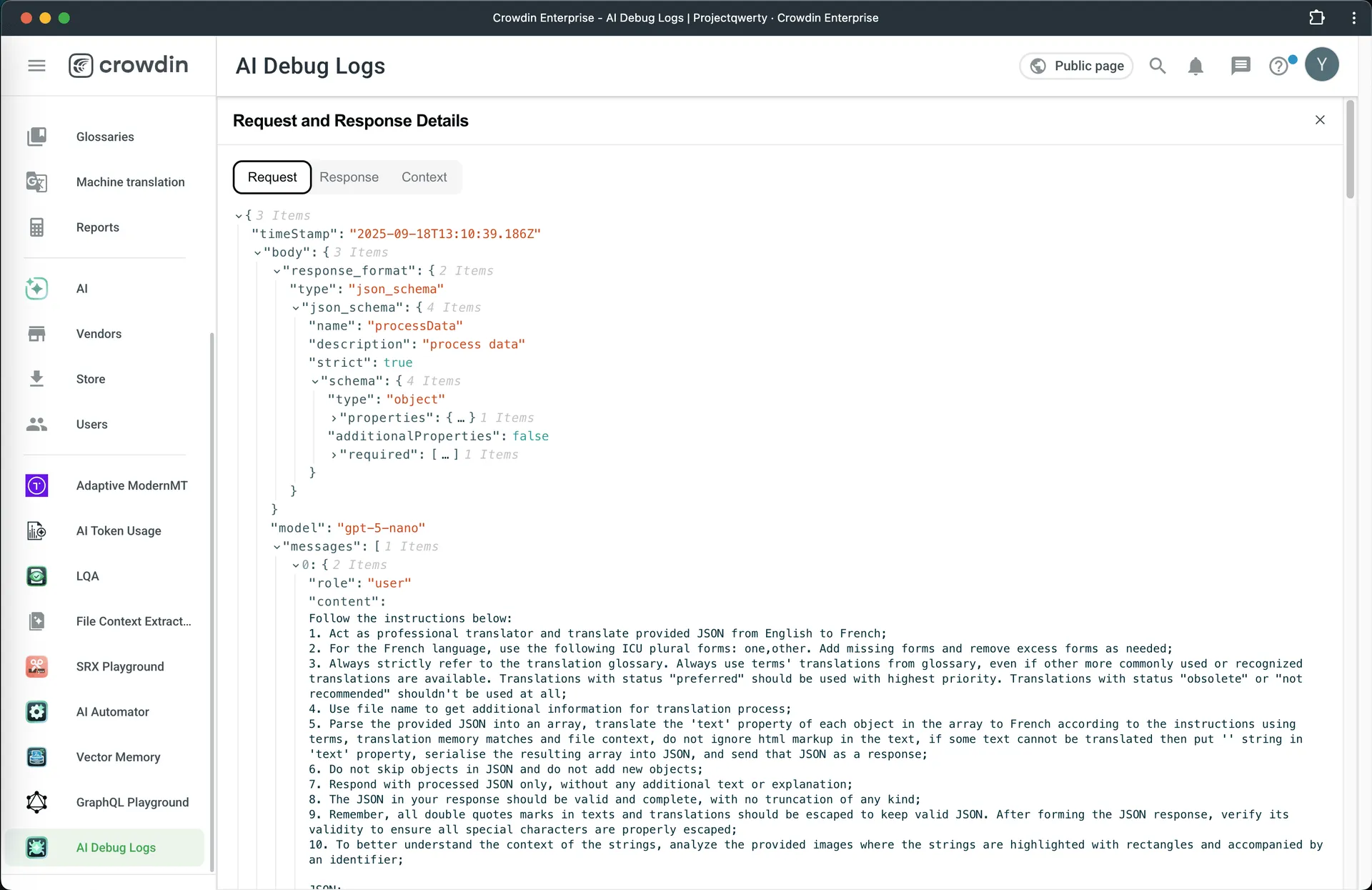 Crowdin AI Debug request/response/context windows